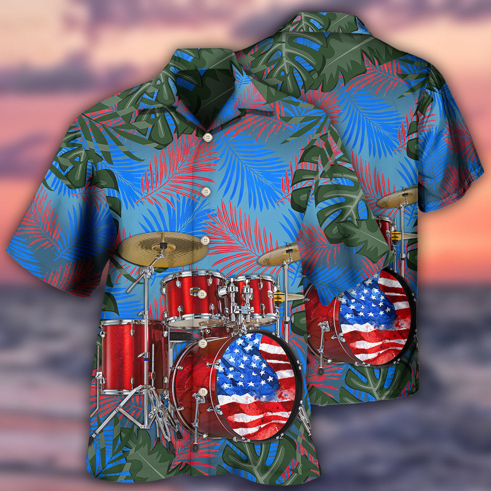 Drum Independence Day American Hawaiian Shirt Artwork Detail For Resort Trips And Outdoor Activities