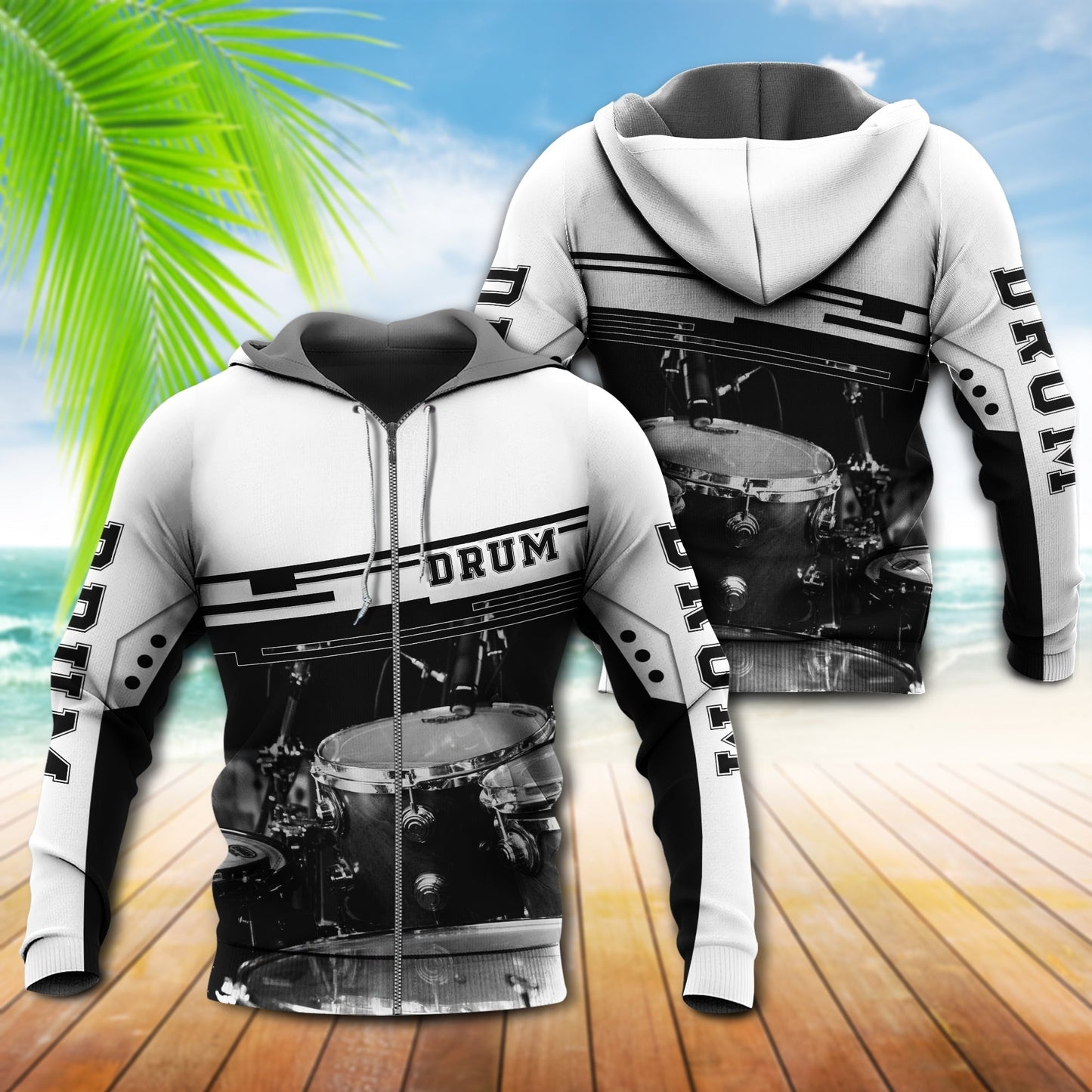 Black White Drum Music Hoodie For Musicians Outdoor Activities And Creative Gift Ideas
