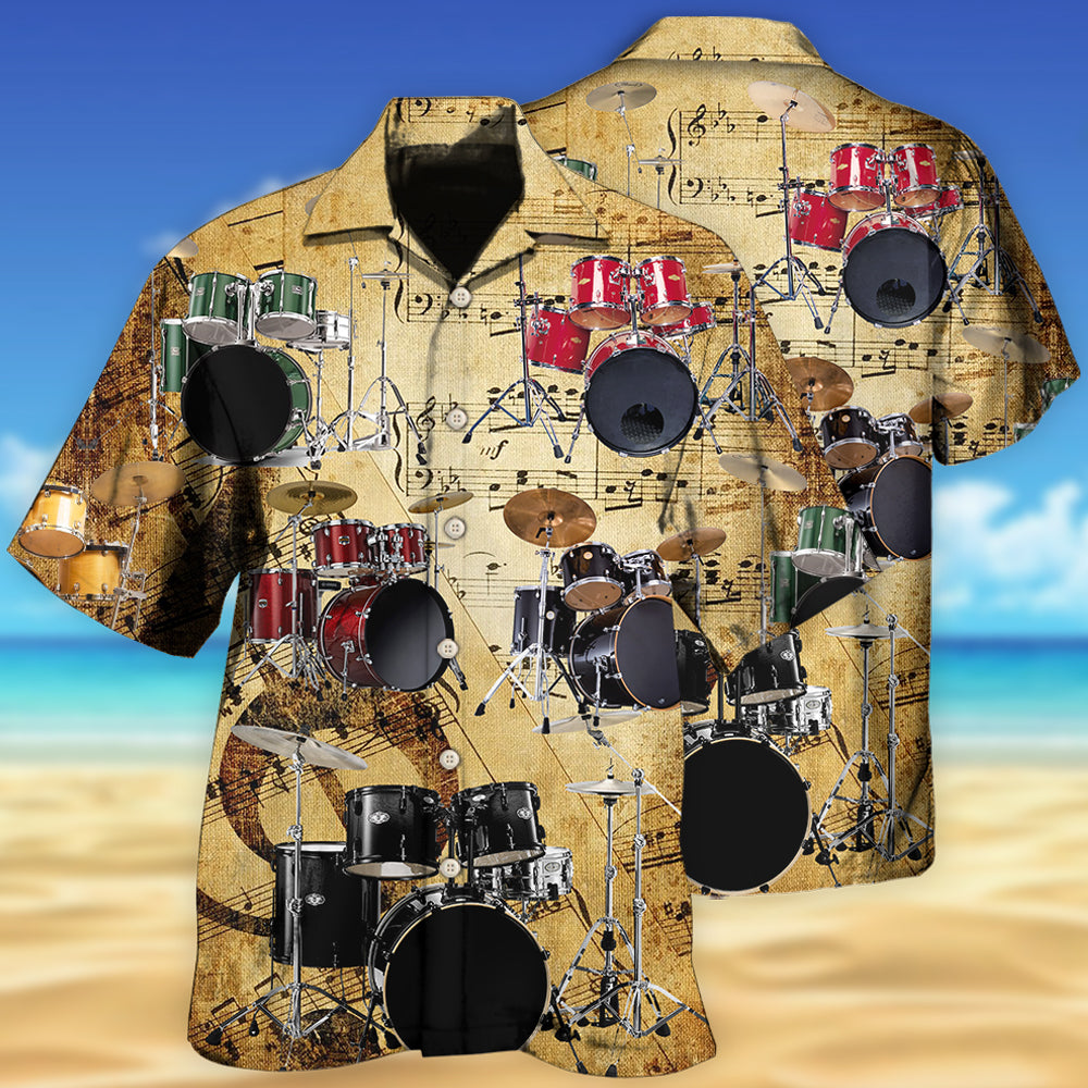 Vintage Drum Music Hawaiian Shirt For Summer Vacation, Beach Travel, And Casual Wear