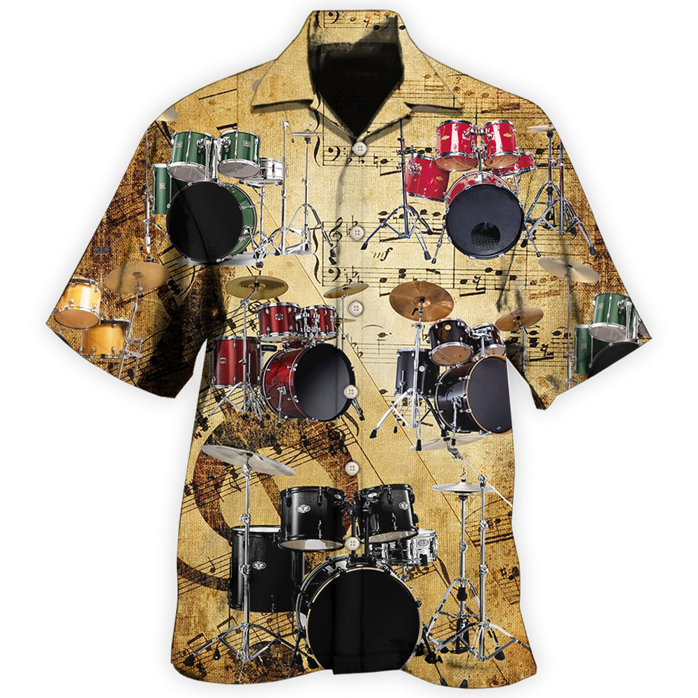 Vintage Drum Music Hawaiian Shirt For Summer Vacation, Beach Travel, And Casual Wear