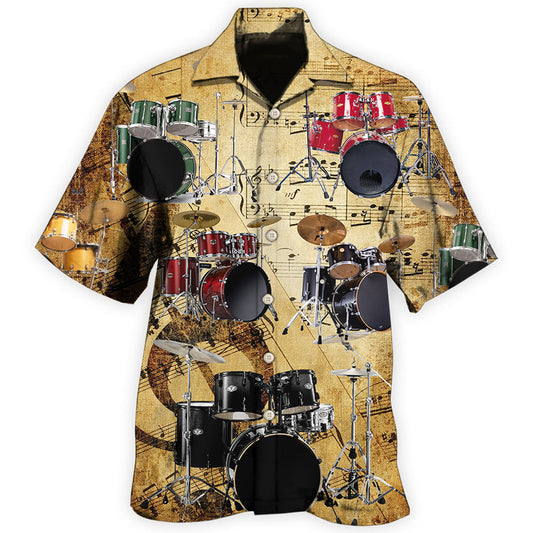 Vintage Drum Music Hawaiian Shirt For Summer Vacation, Beach Travel, And Casual Wear