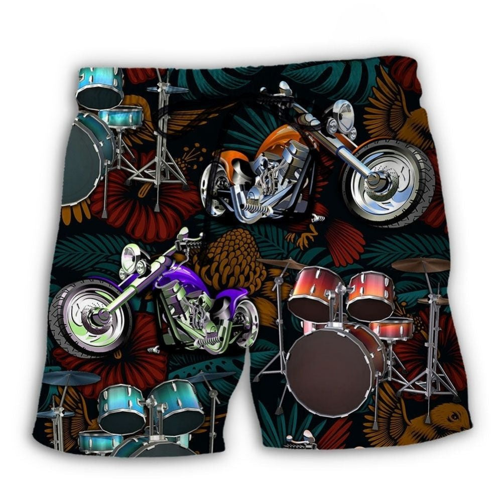 Drum And Motorcycle Lover Beach Shorts Pattern View For Coastal Holidays And Casual Activities