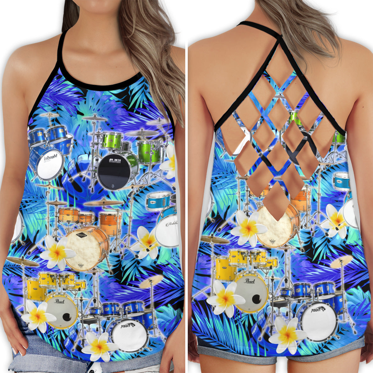 Drum Tropical Floral Music Hollow Tank Top For Studio Practice And Festival Wear