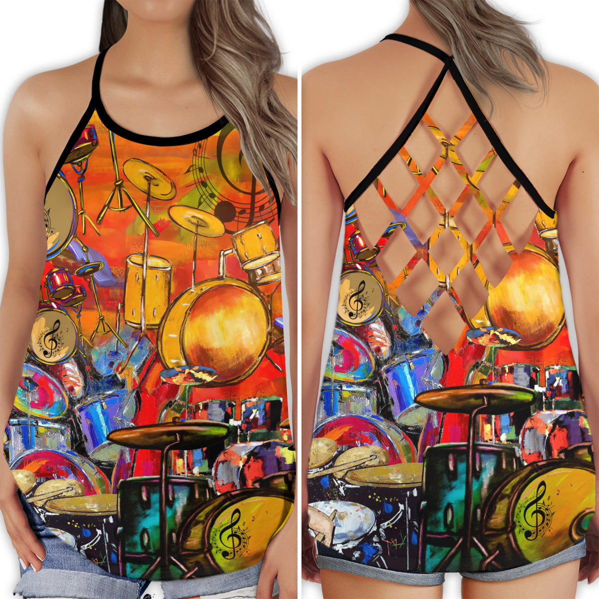 Drum Colorful Music Hollow Tank Top For Studio Practice And Festival Wear
