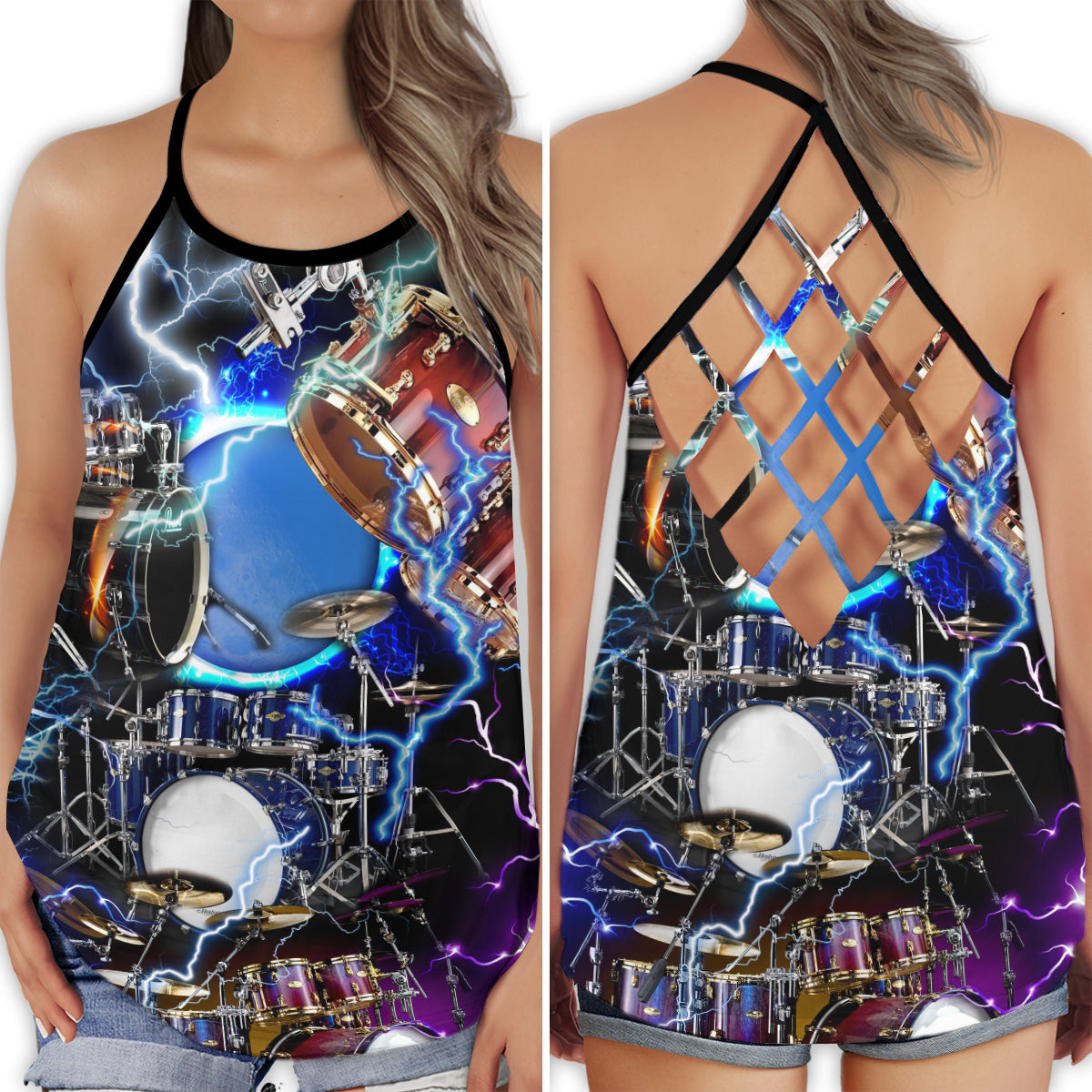 Drum Lightning Blue Music Hollow Tank Top For Studio Practice And Festival Wear