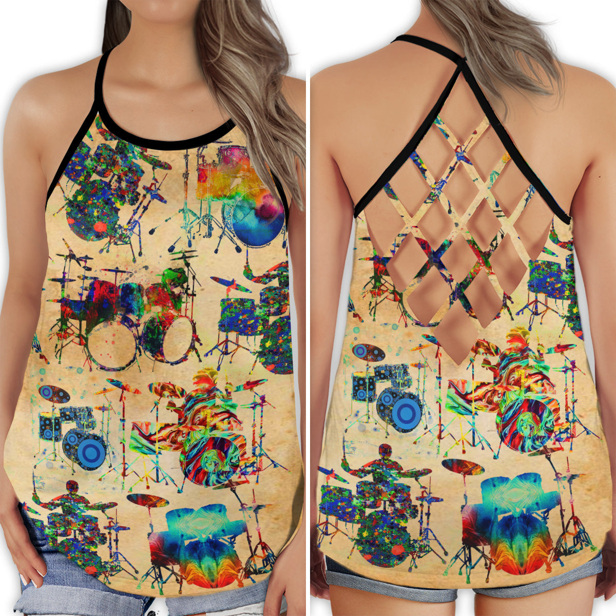 Drum Vintage Music Hollow Tank Top For Dance Sessions And Casual Style