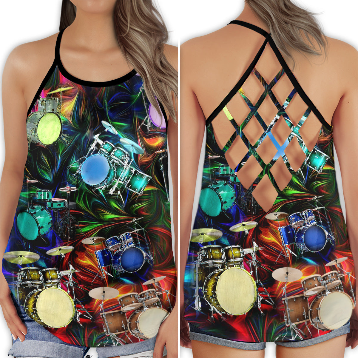 Drum Neon Music Hollow Tank Top For Studio Practice And Festival Wear