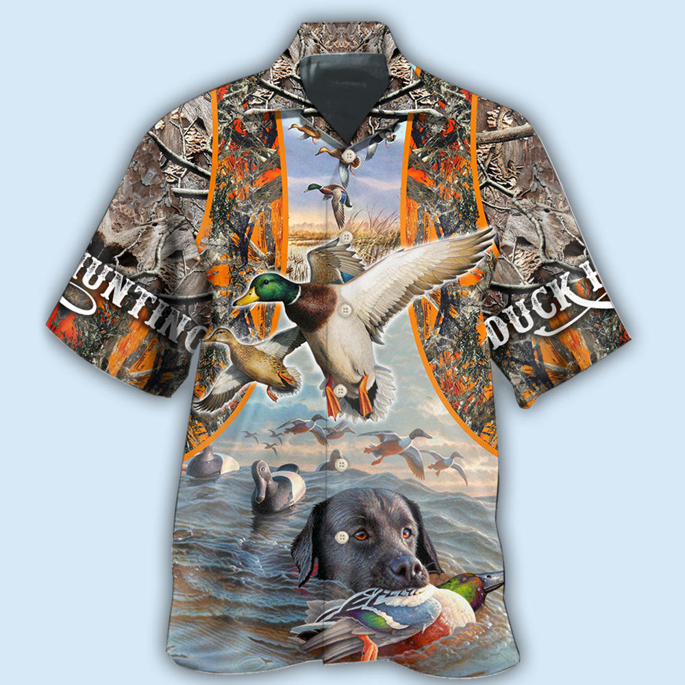 Orange Duck Hunting Hawaiian Shirt Pattern Detail For Vacation Travel And Daily Wear