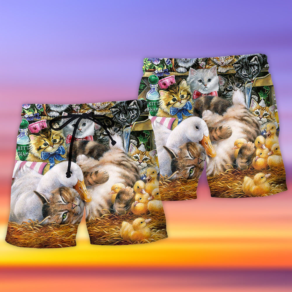 Ducks And Cats Fun Animal Beach Shorts Artwork Detail For Tropical Travel And Everyday Wear
