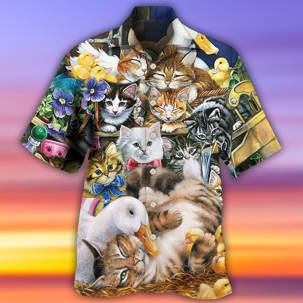 Cute Ducks Cats Animal Hawaiian Shirt For Animal Lovers, Beach Travel, And Casual Summer Style