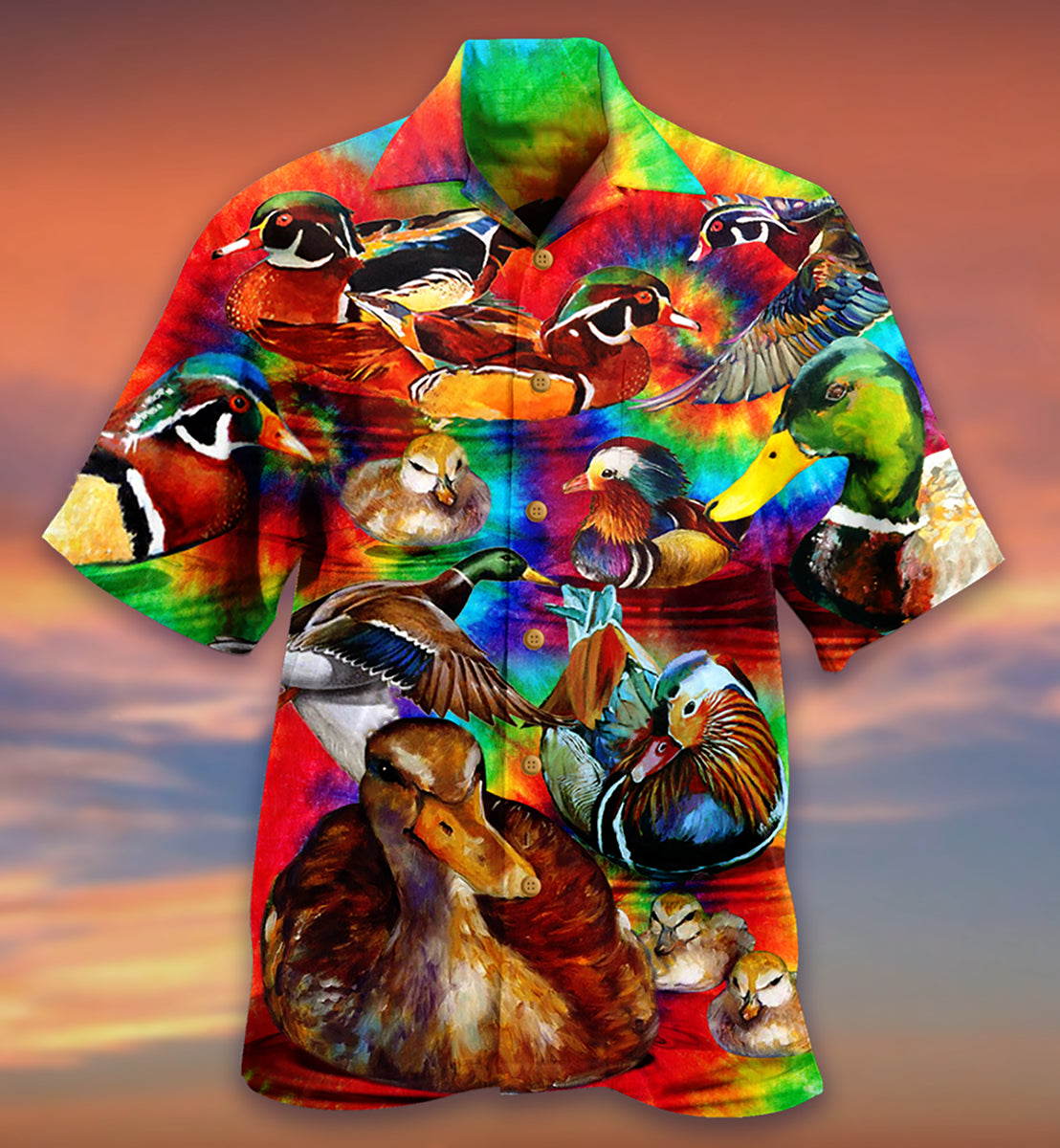 Red Green Duck Hawaiian Shirt Artwork Detail For Resort Trips And Outdoor Activities