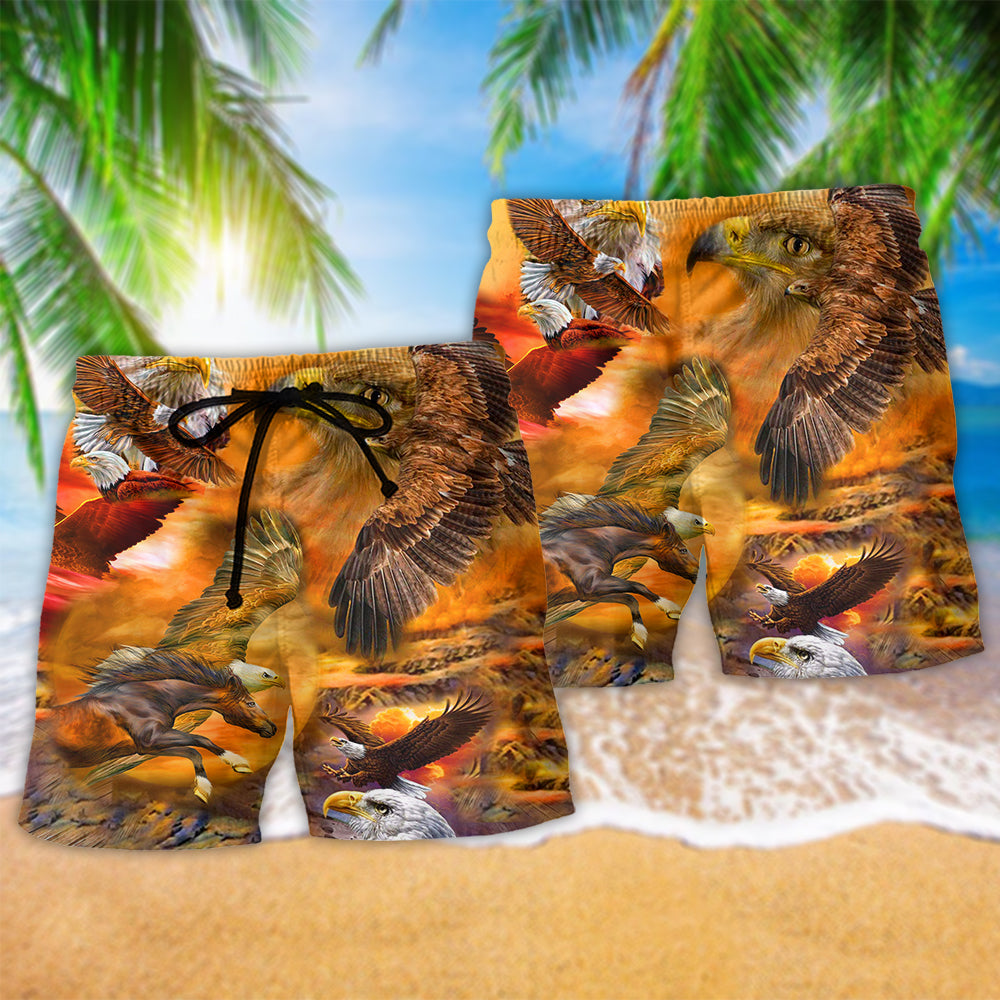 Eagle Flying In The Sunset Sky Hawaiian Print Beach Shorts For Patriotic Summer Events
