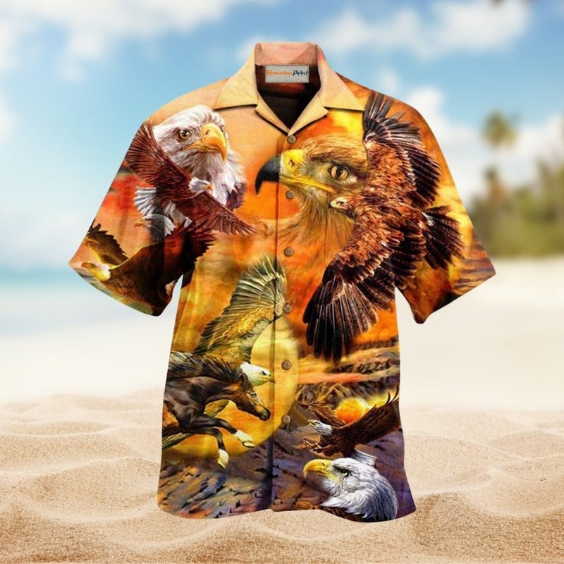 Eagle Flying In The Sunset Sky Hawaiian Shirt For Summer Vacation Beach Travel And Relaxed Casual Wear