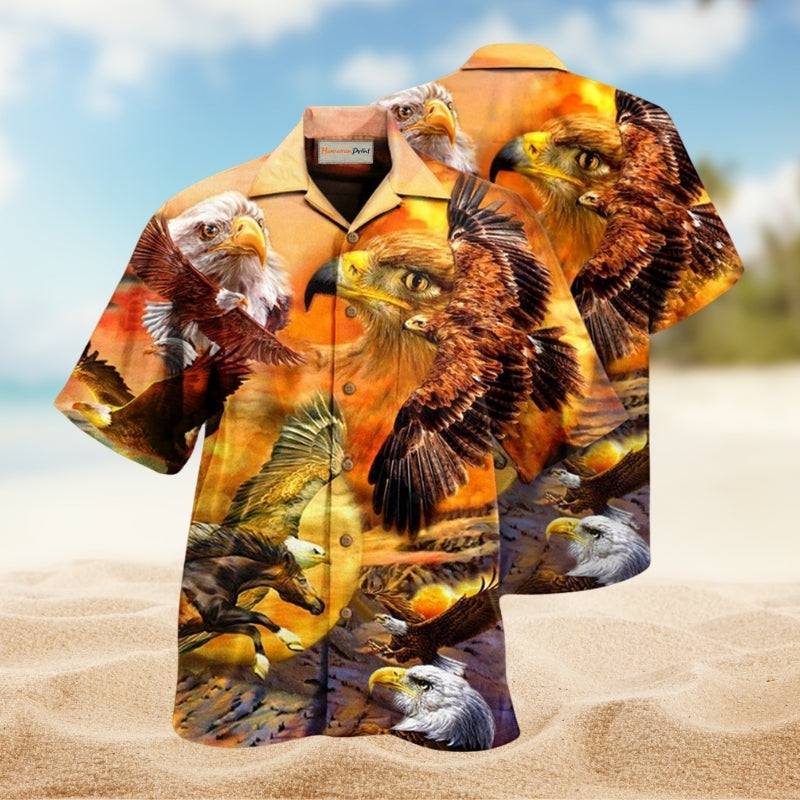 Eagle Flying In The Sunset Sky Hawaiian Shirt For Summer Vacation Beach Travel And Relaxed Casual Wear