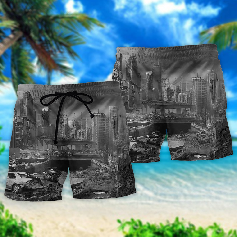 I Survived An Earthquake Humor Beach Shorts Artwork Detail For Comfortable Everyday Summer Wear