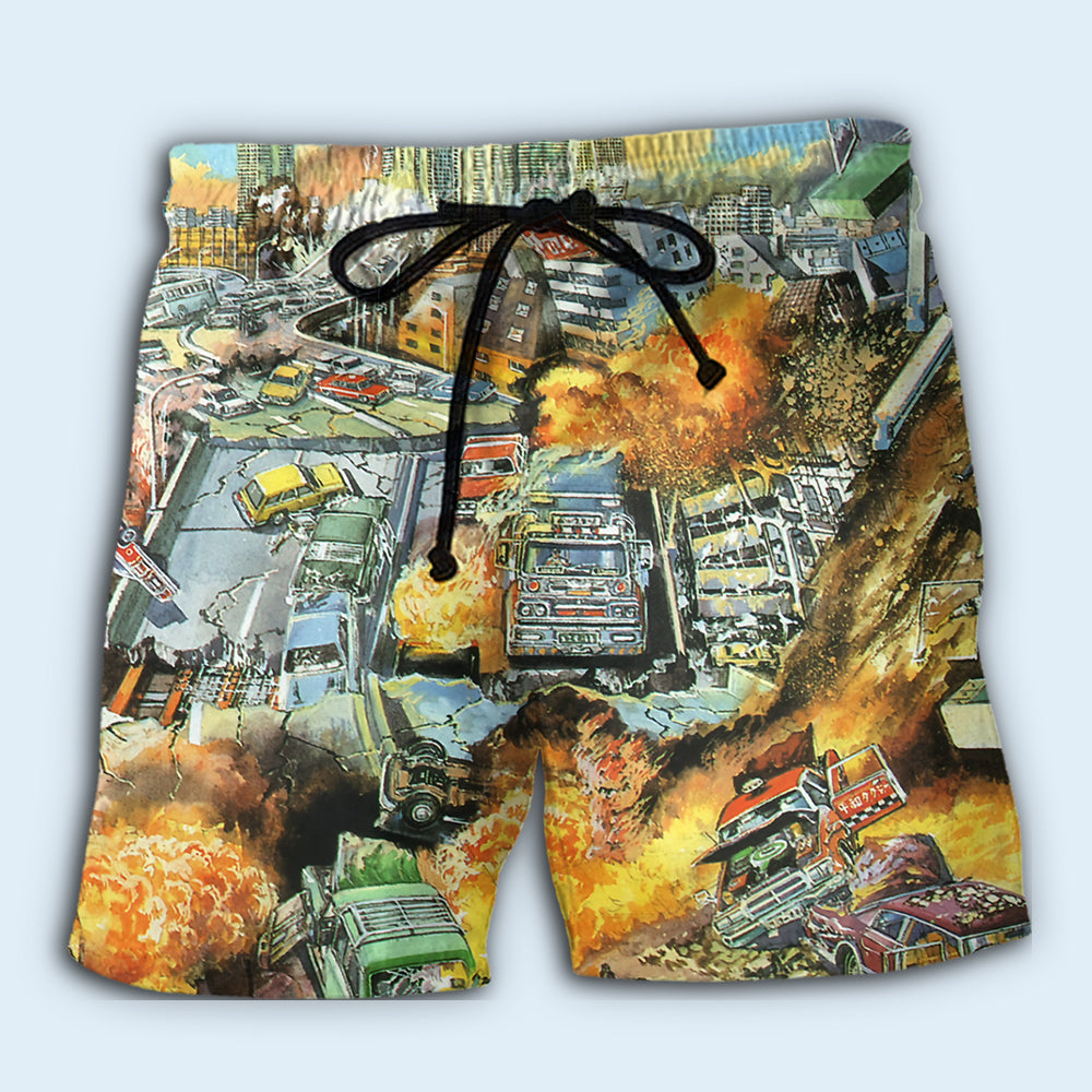 Vintage Earthquake Beach Shorts Print View For Coastal Escapes And Casual Outings