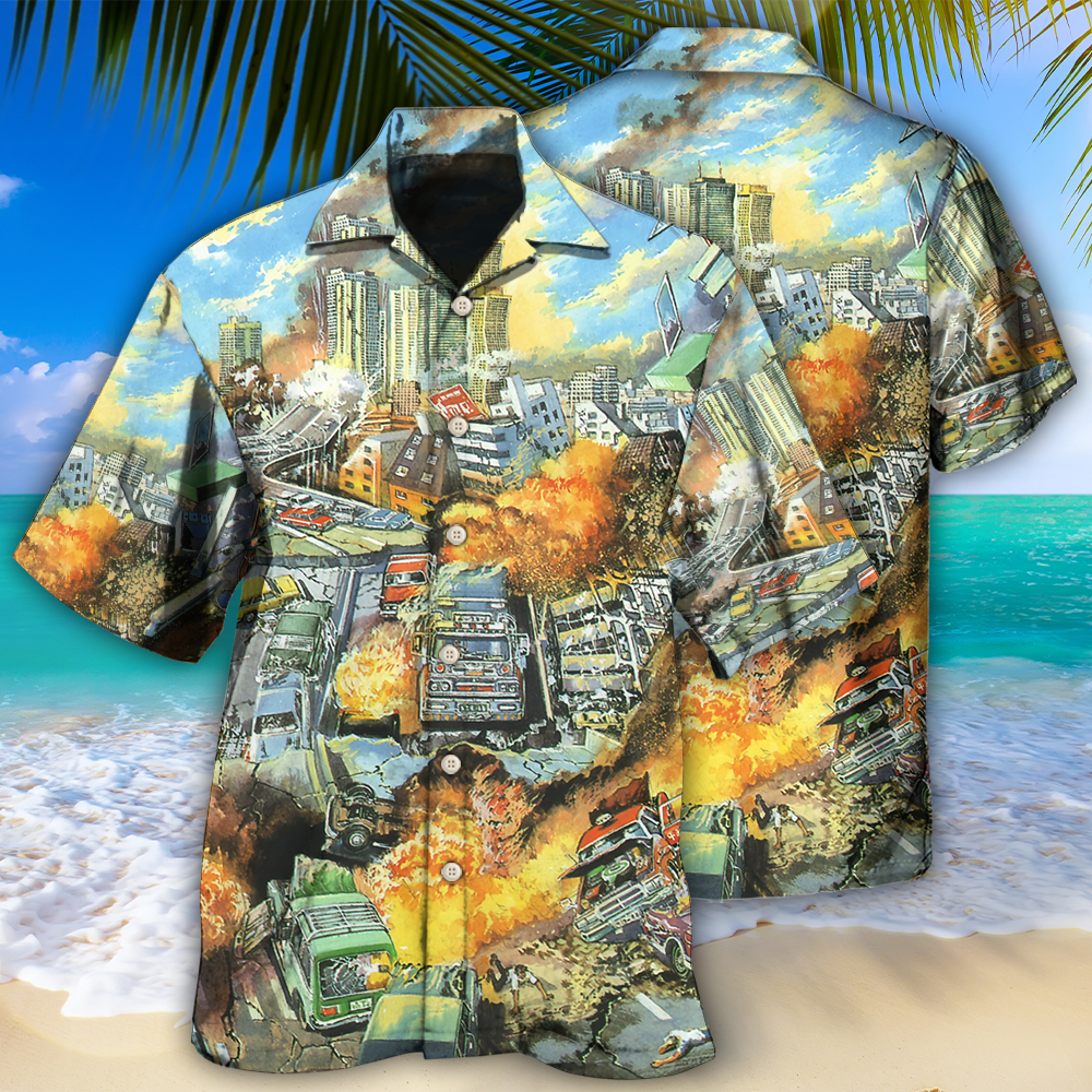 Vintage Retro Earthquake Hawaiian Shirt For Coastal Travel, Casual Events, And Comfortable Summer Wear