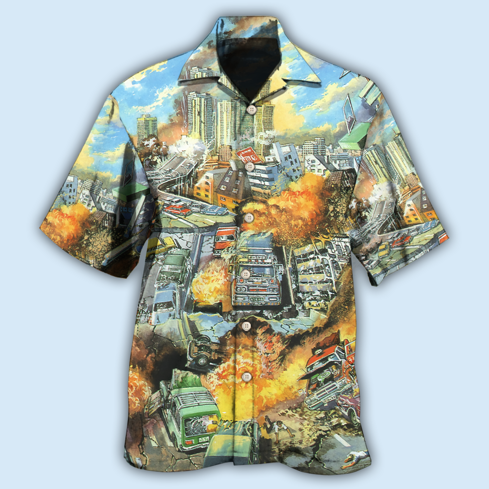 Vintage Retro Earthquake Hawaiian Shirt For Coastal Travel, Casual Events, And Comfortable Summer Wear
