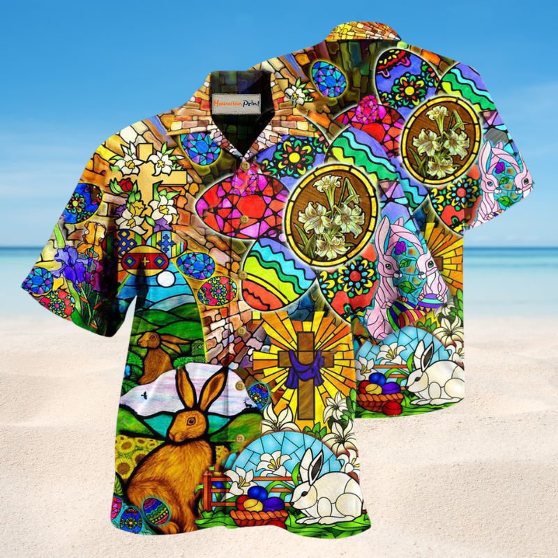 Easter Happy Hawaiian Shirt For Coastal Adventures Outdoor Gatherings And Casual Warm Weather Wear