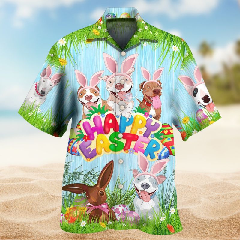 Easter Pitbulls Hawaiian Shirt For Summer Vacation, Beach Travel, And Casual Wear