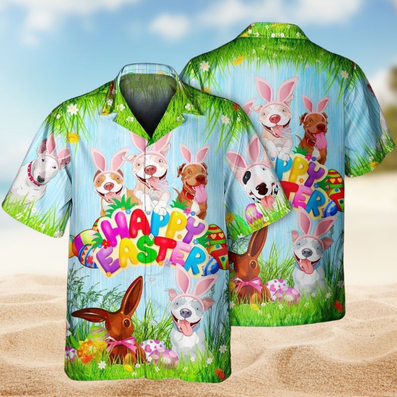 Easter Pitbulls Hawaiian Shirt For Summer Vacation, Beach Travel, And Casual Wear