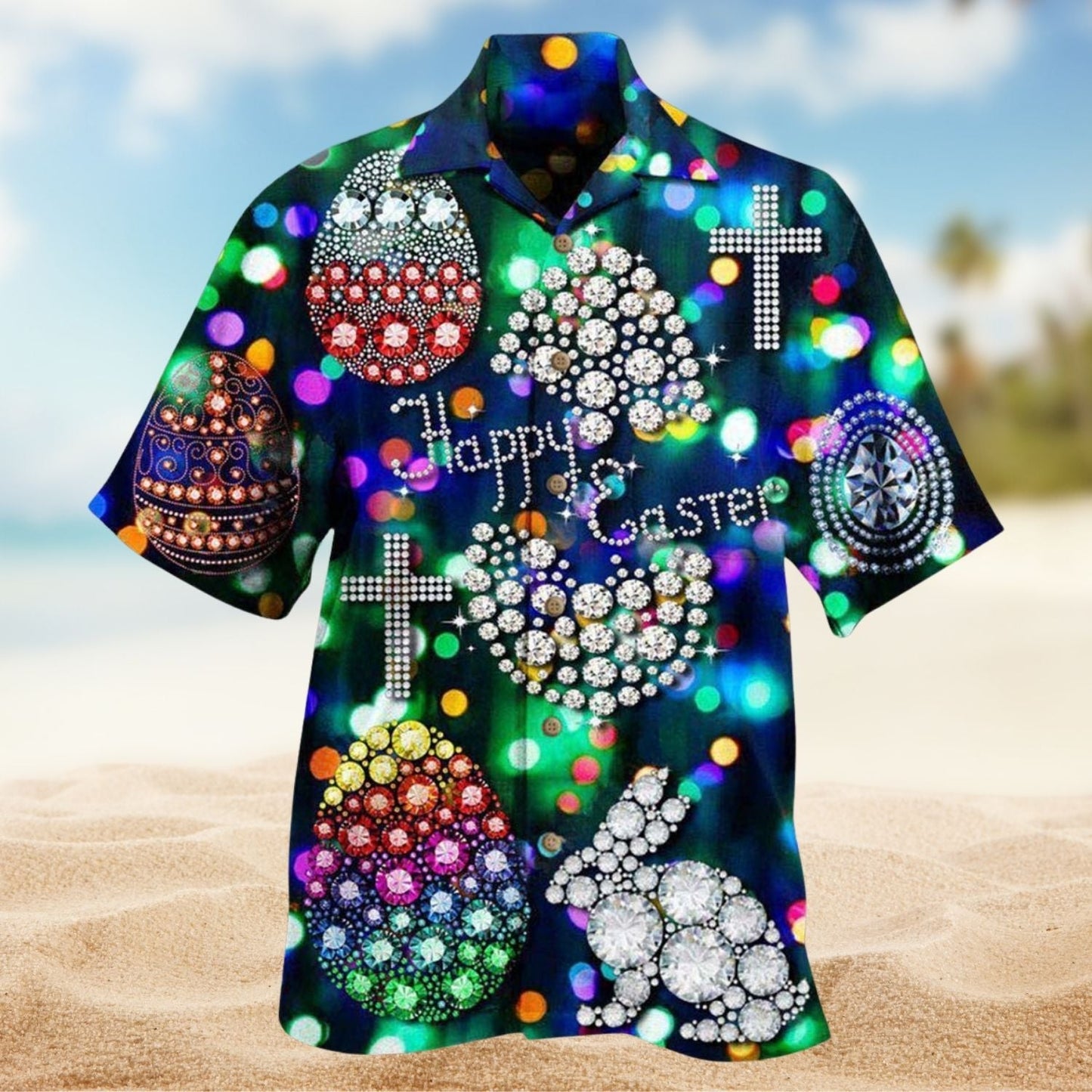 Easter Diamond Bunny Hawaiian Shirt For Summer Vacation, Beach Travel, And Casual Wear