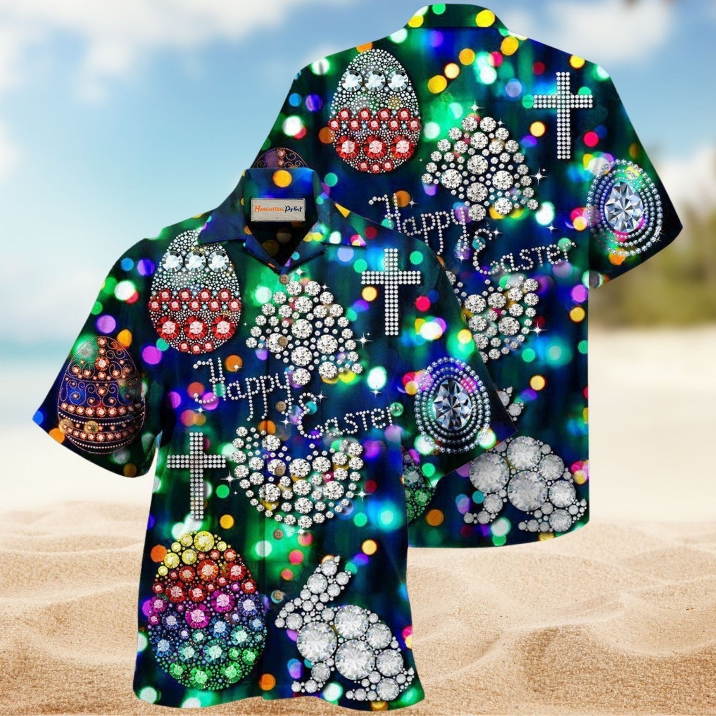 Easter Diamond Bunny Hawaiian Shirt For Summer Vacation, Beach Travel, And Casual Wear