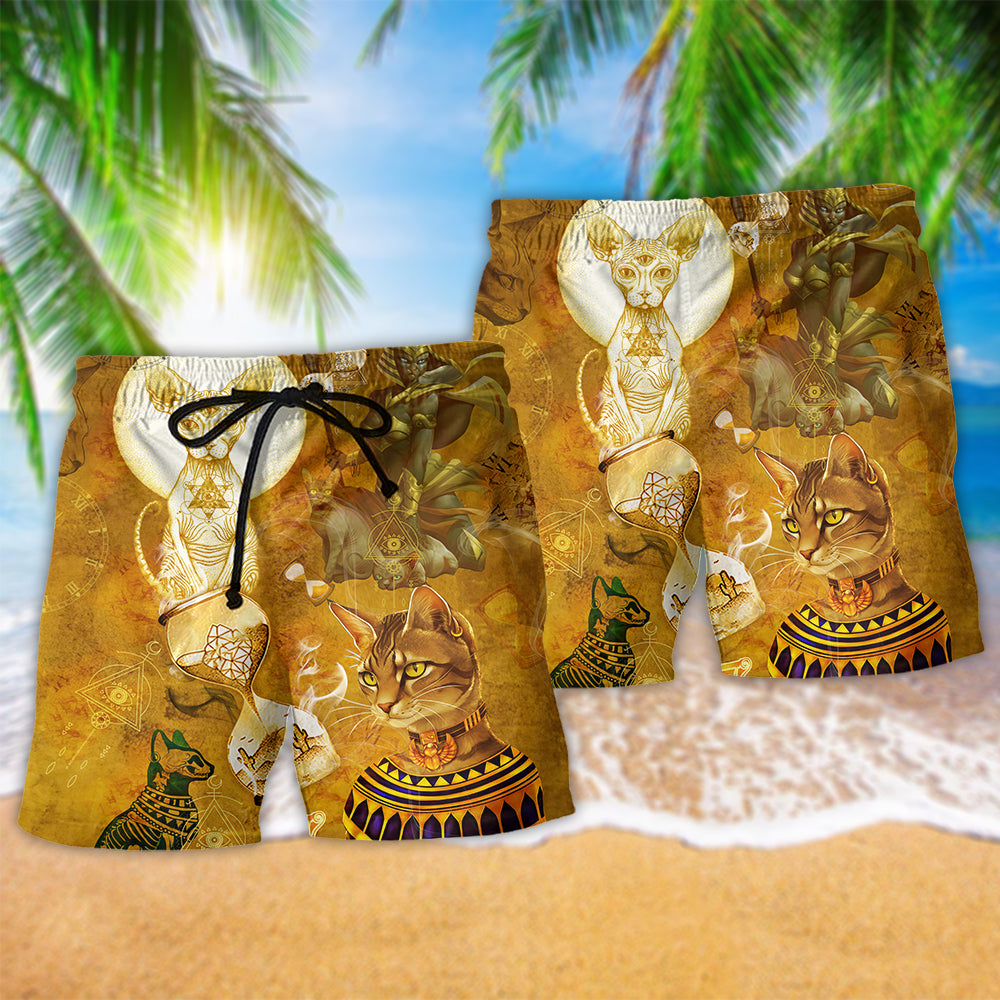 Egyptian Cat Mythic Beach Shorts Pattern Detail For Outdoor Activities And Vacation Ready Style