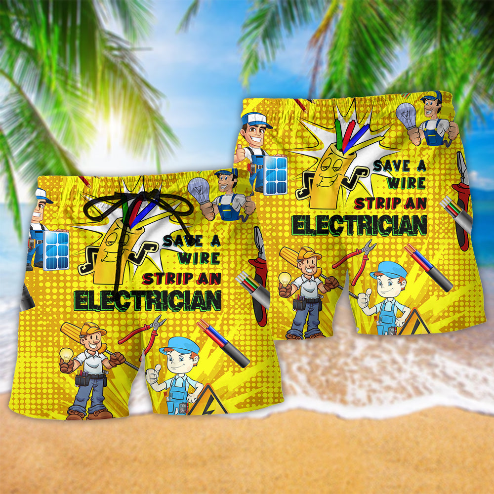 Electrician Save A Wire Humor Quote Beach Shorts Artwork Detail For Casual Warm Weather Outfits