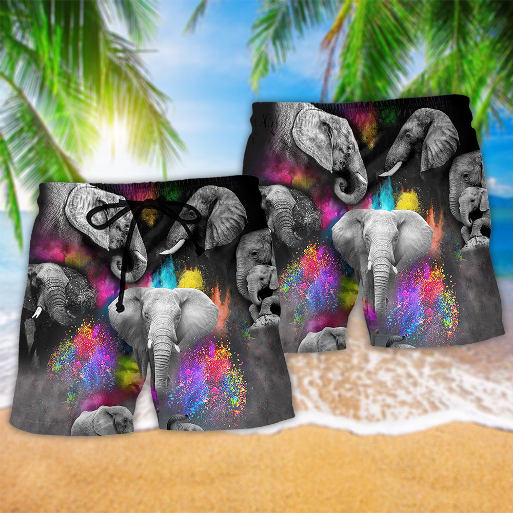 Elephant Colorful Black Contrast Beach Shorts Pattern View For Coastal Holidays And Casual Activities