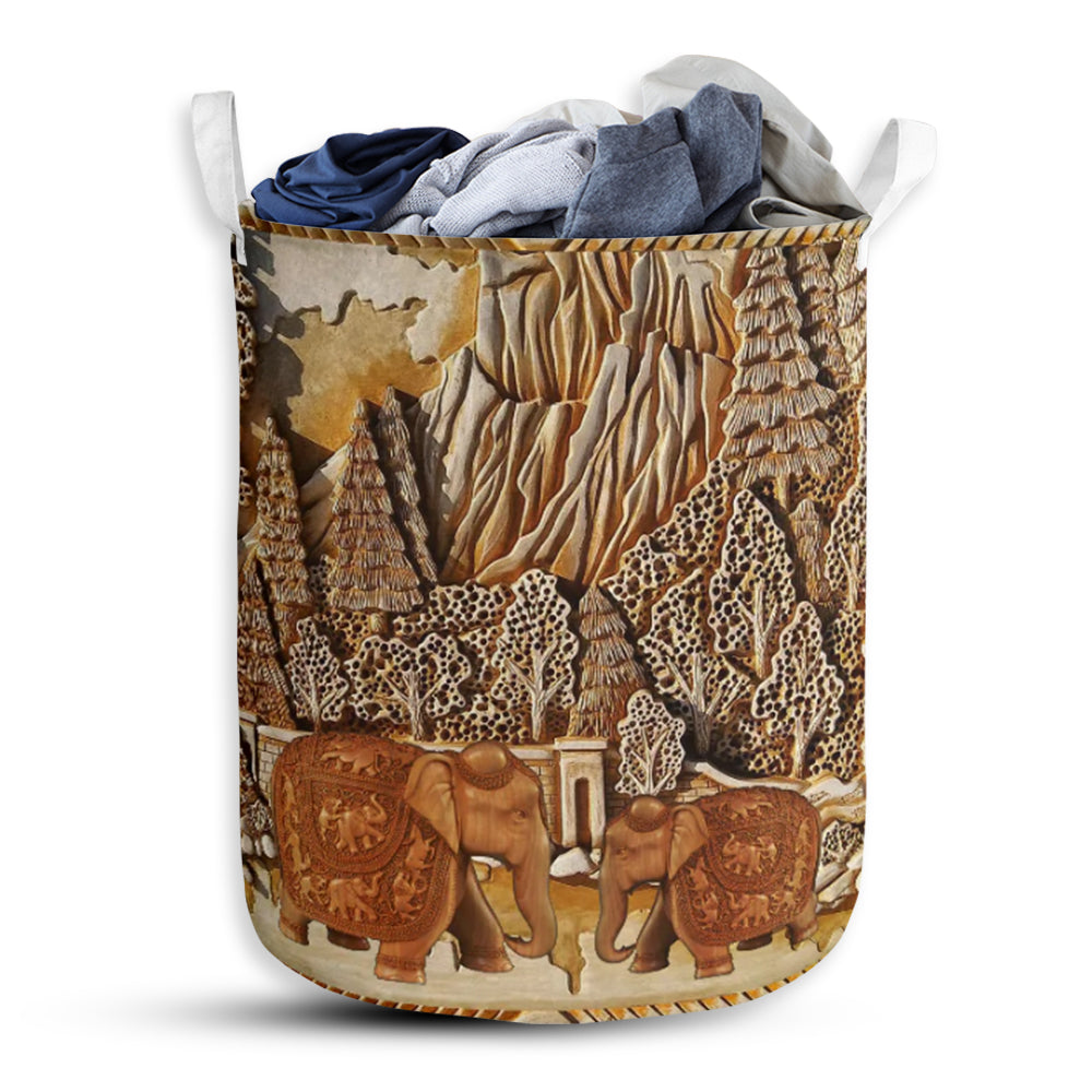 Elephant Floral Wood Laundry Basket For Bathroom Bedroom Storage
