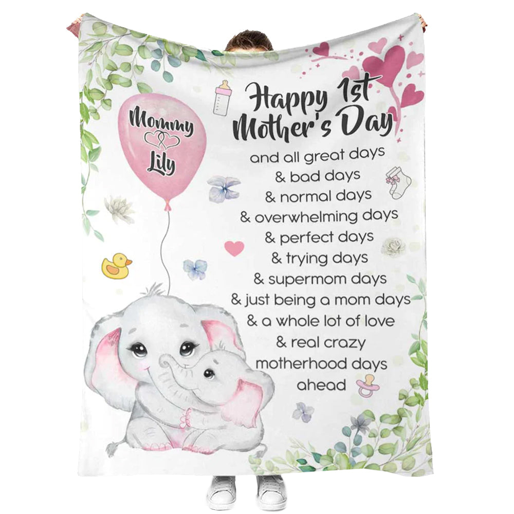 Elephant Happy 1ST Mothers Day And All The Days Ahead Personalized Flannel Blanket For Cozy Bedroom Sofa Decor