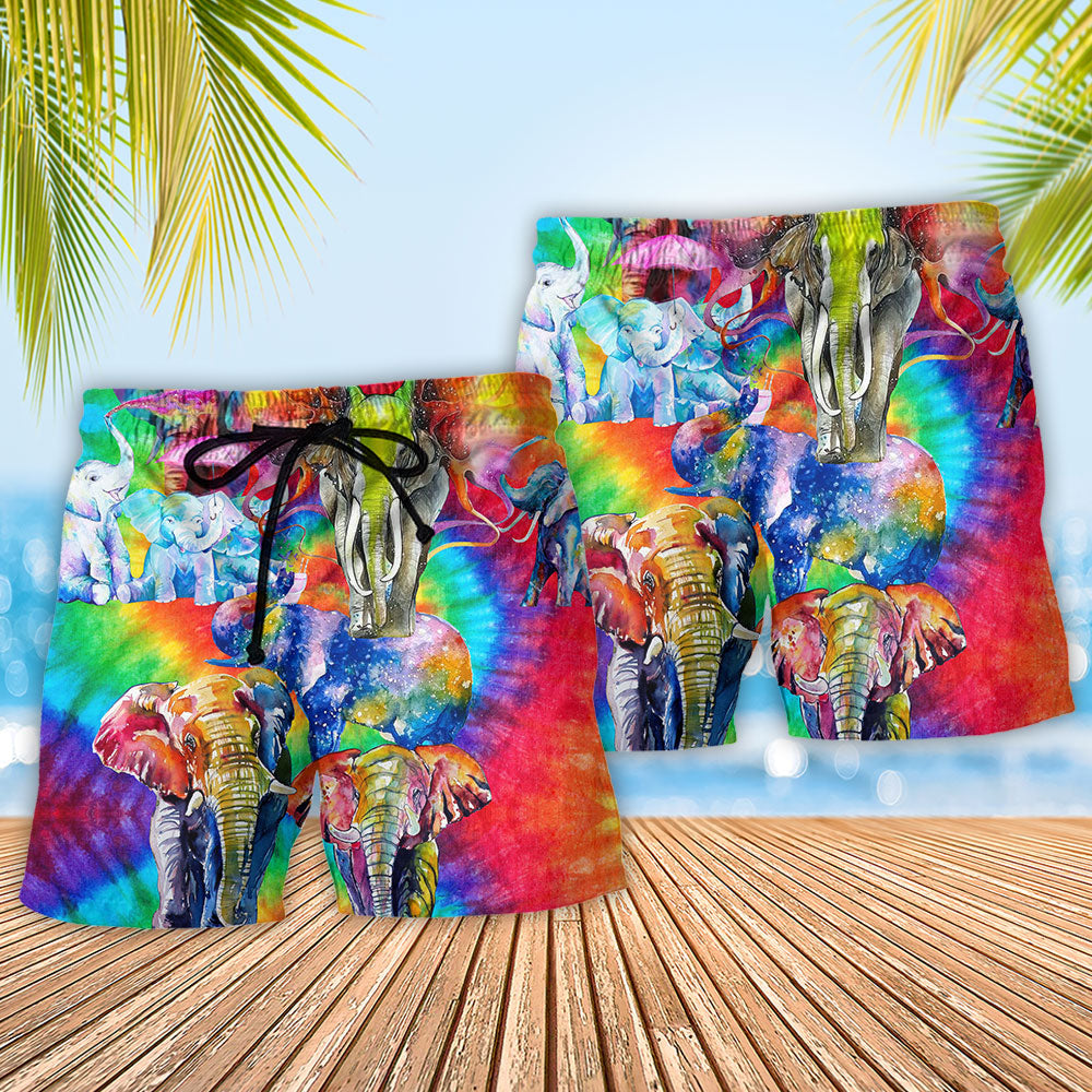 Rainbow Elephant Family Beach Shorts Pattern Detail For Cruise Vacations And Lightweight Summer Style