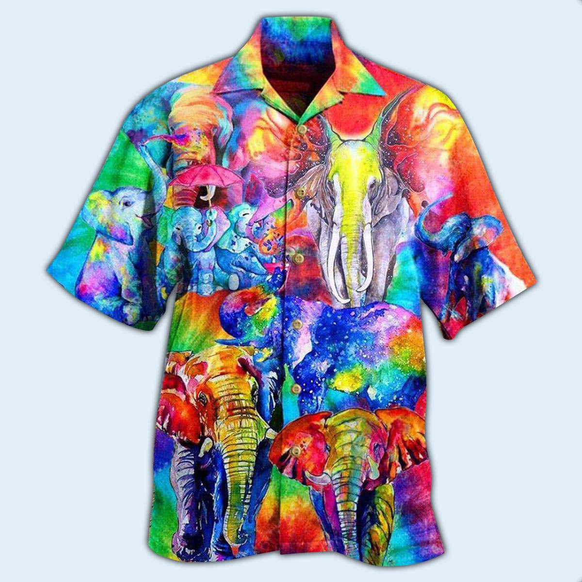 Happy Rainbow Colorful Elephant Family Hawaiian Shirt Artwork View For Weekend Travel And Beach Style