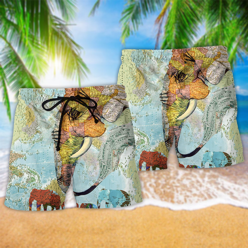 Elephant World Map Beach Shorts Pattern Detail For Seaside Leisure And Comfortable Daily Wear