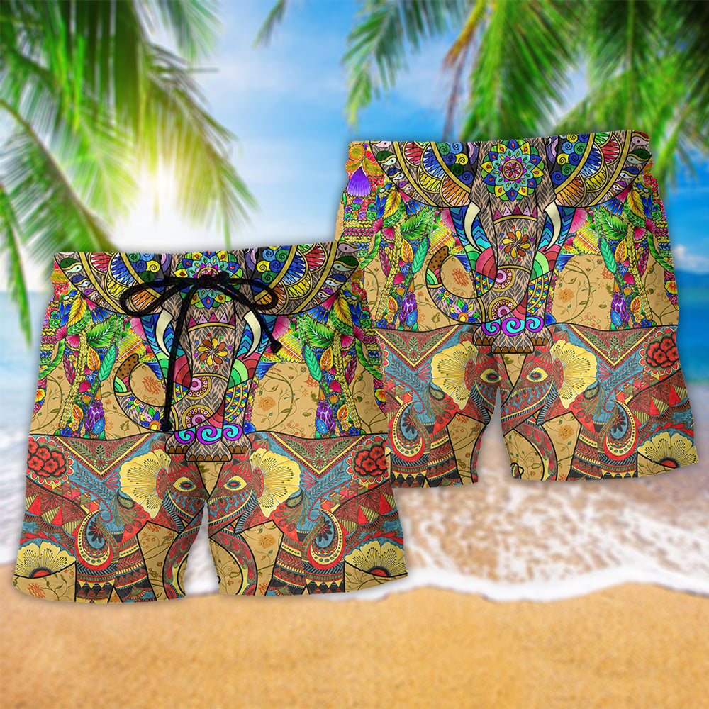 Colorful Elephant Beach Shorts Pattern Detail For Coastal Leisure And Distinctive Seasonal Style