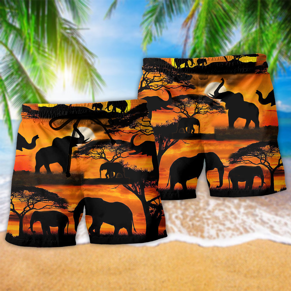 Elephant Strength Sunset Beach Shorts Pattern Detail For Summer Adventures And Easygoing Coastal Style