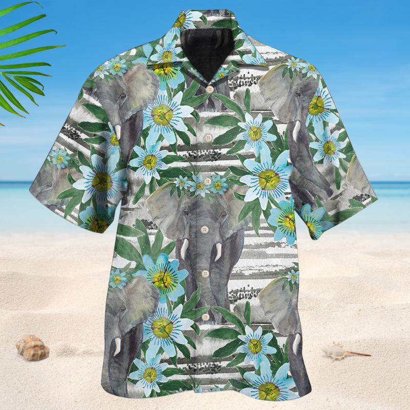 Floral Elephant Blue Hawaiian Shirt For Resort Trips, Coastal Parties, And Warm Weather Style