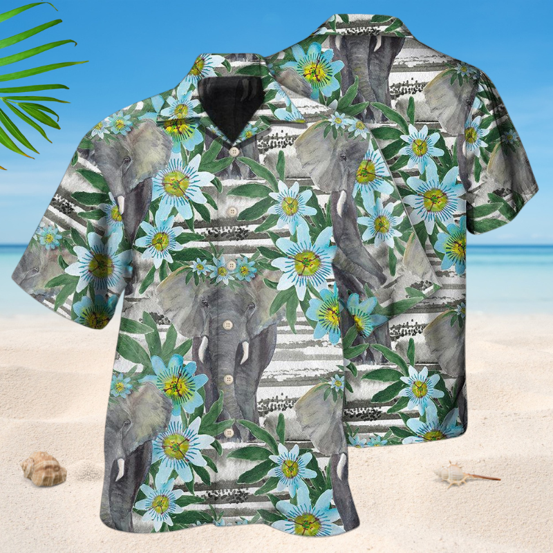 Floral Elephant Blue Hawaiian Shirt For Resort Trips, Coastal Parties, And Warm Weather Style