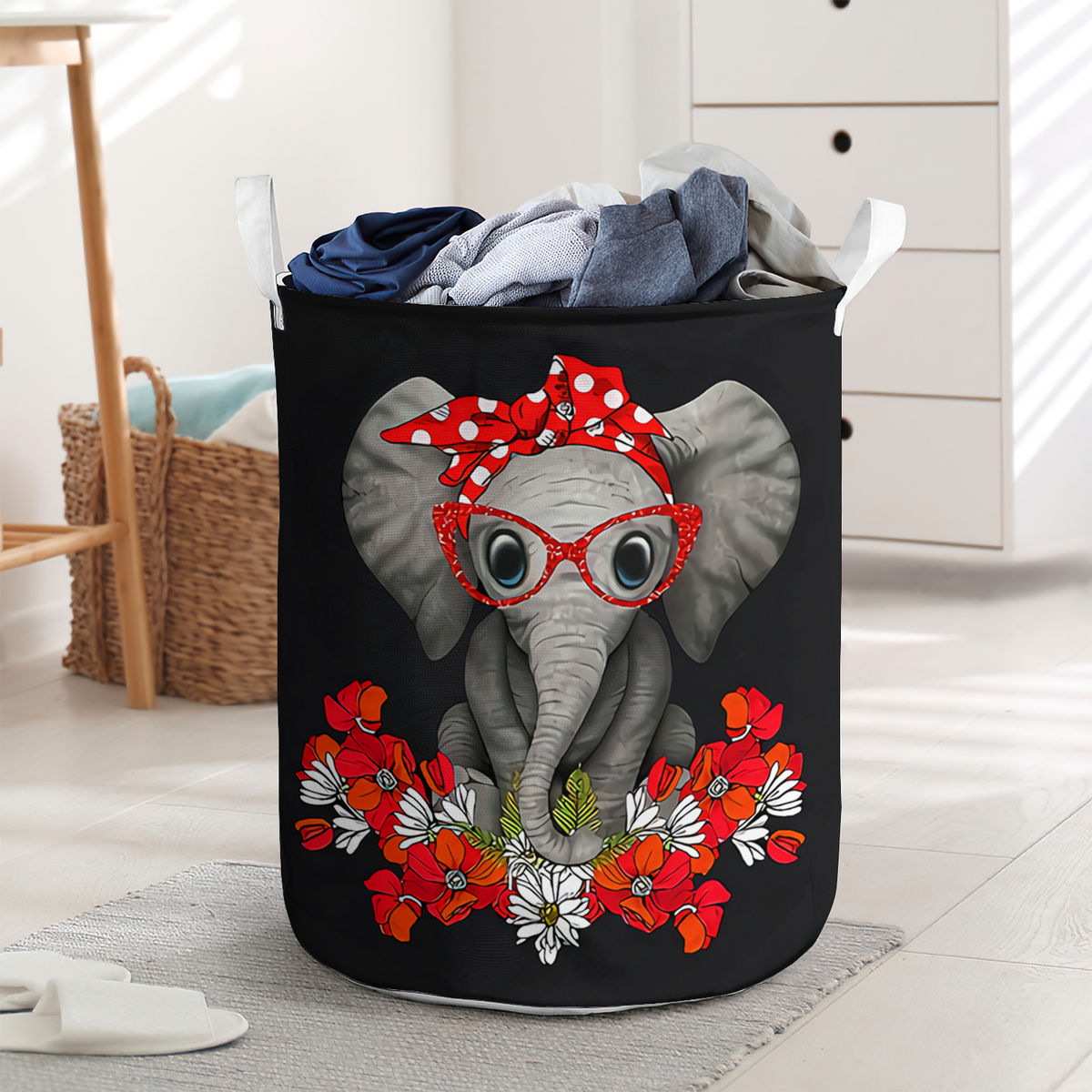 Lovely Elephant Loves Flower Laundry Basket For Bathroom Bedroom Storage