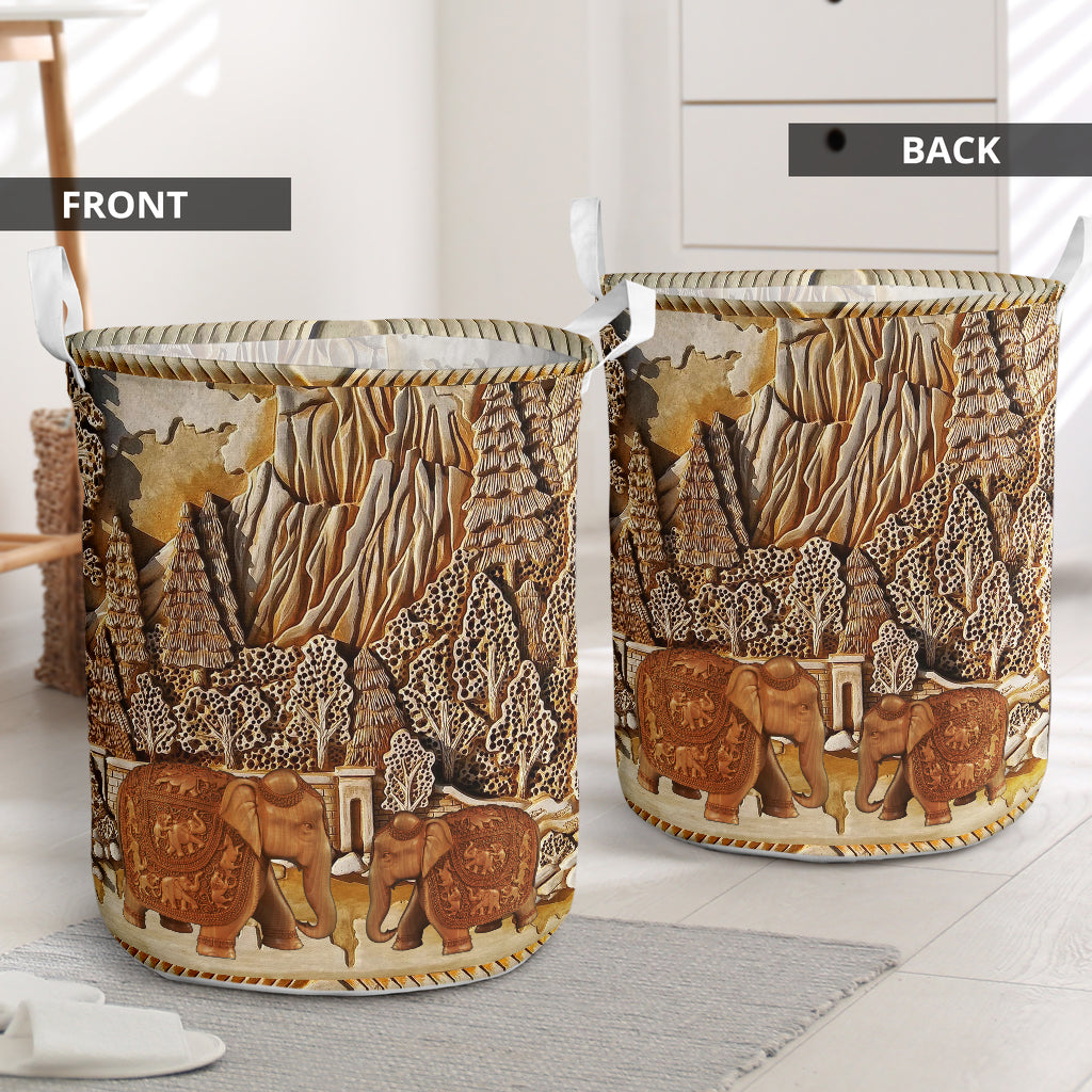 Elephant Floral Wood Laundry Basket For Room Home Organizer