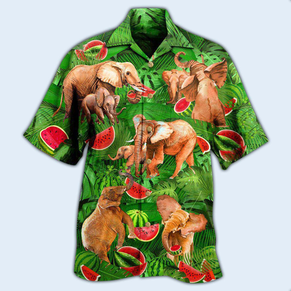 Green Elephant And Watermelon Hawaiian Shirt With All Over Print For Island Trips Summer Gatherings And Comfortable Daily
