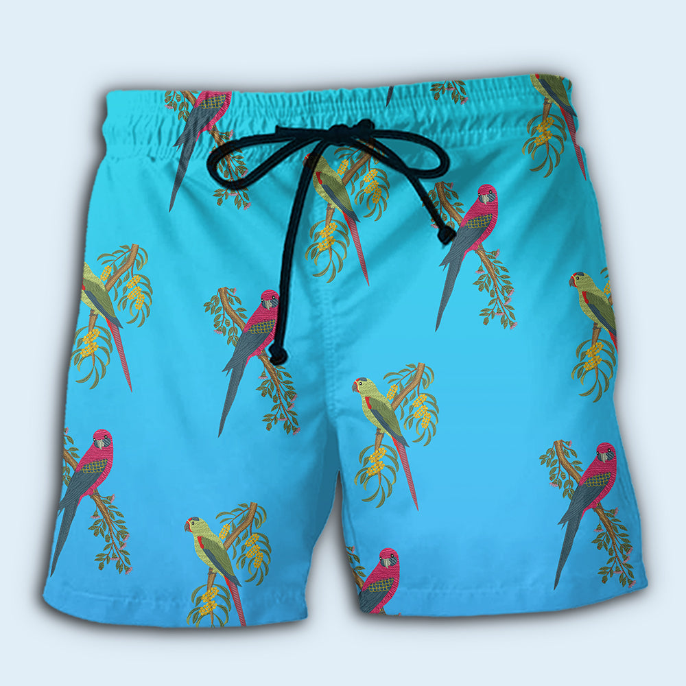 Parrot Blue Tropical Beach Shorts Pattern View For Weekend Trips And Outdoor Activities