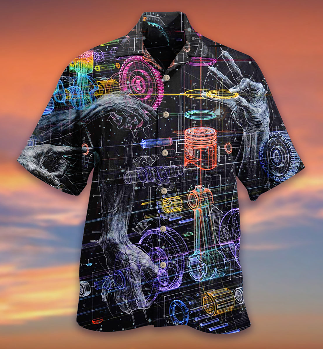 Engine Powerfull Strong Hawaiian Shirt Artwork Detail For Resort Trips And Outdoor Activities