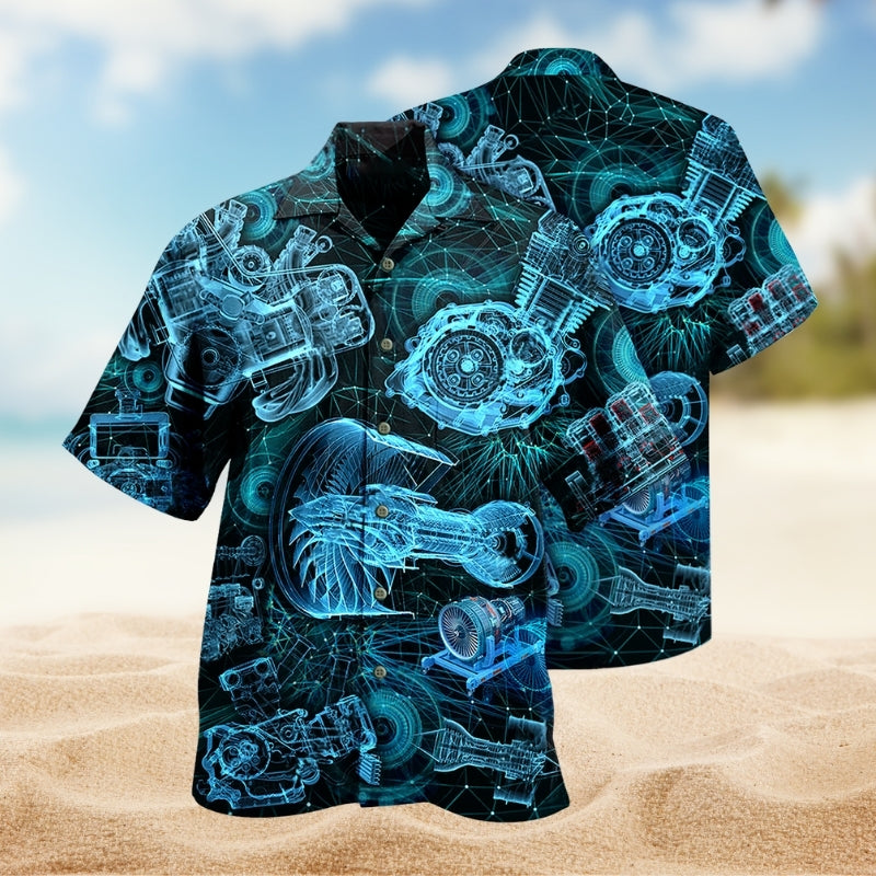 Engines Blueprint Hawaiian Shirt For Coastal Travel, Casual Events, And Comfortable Summer Wear