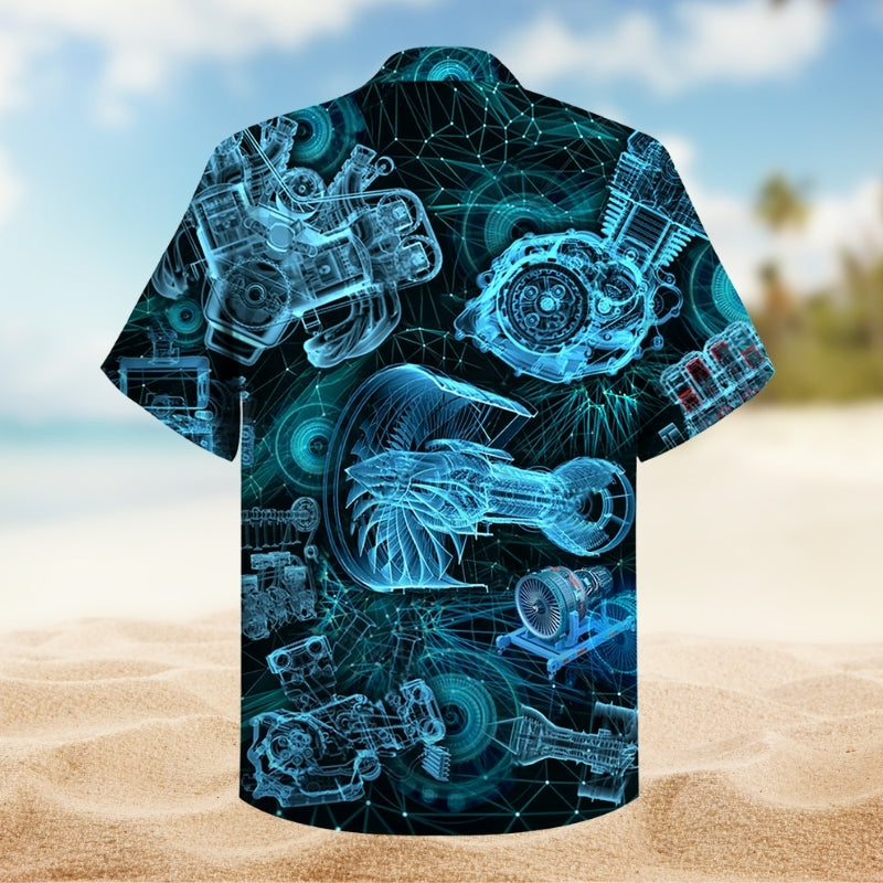 Engines Blueprint Hawaiian Shirt For Coastal Travel, Casual Events, And Comfortable Summer Wear
