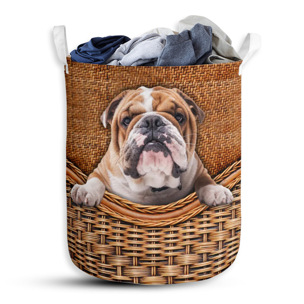 English Bulldog Dog Rattan Texture Laundry Basket For Bathroom Bedroom Storage