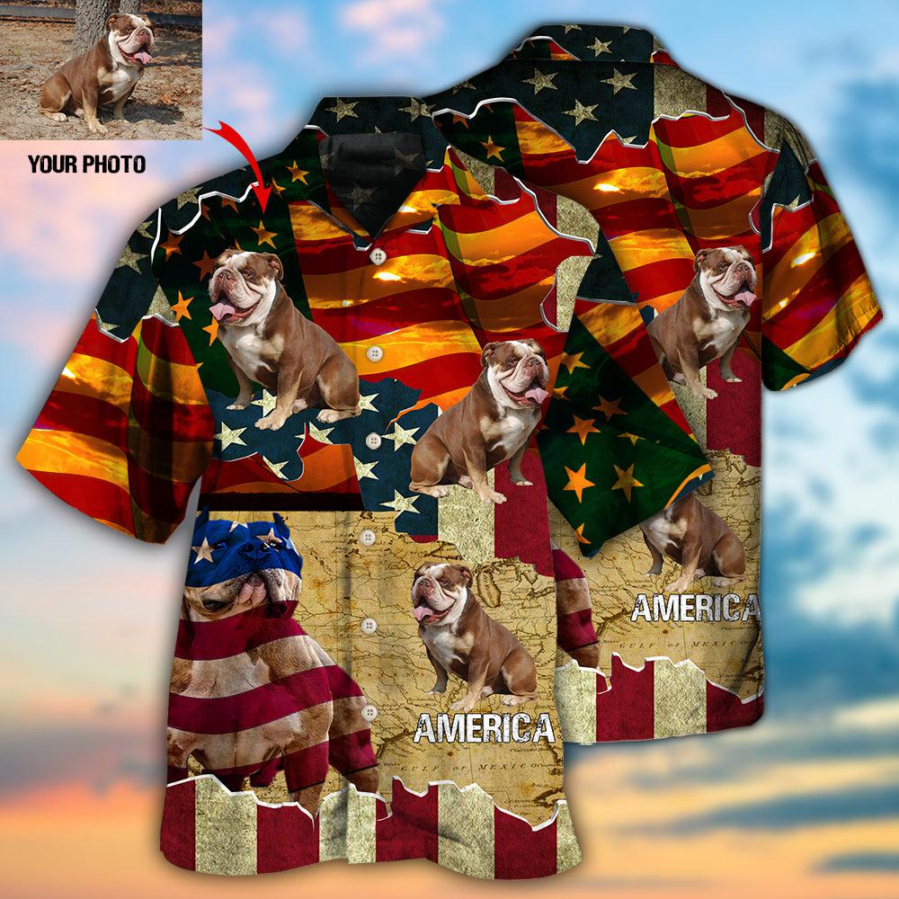 English Bulldog American Sunset Custom Photo Hawaiian Shirt For Beach Parties And Weekend Getaways