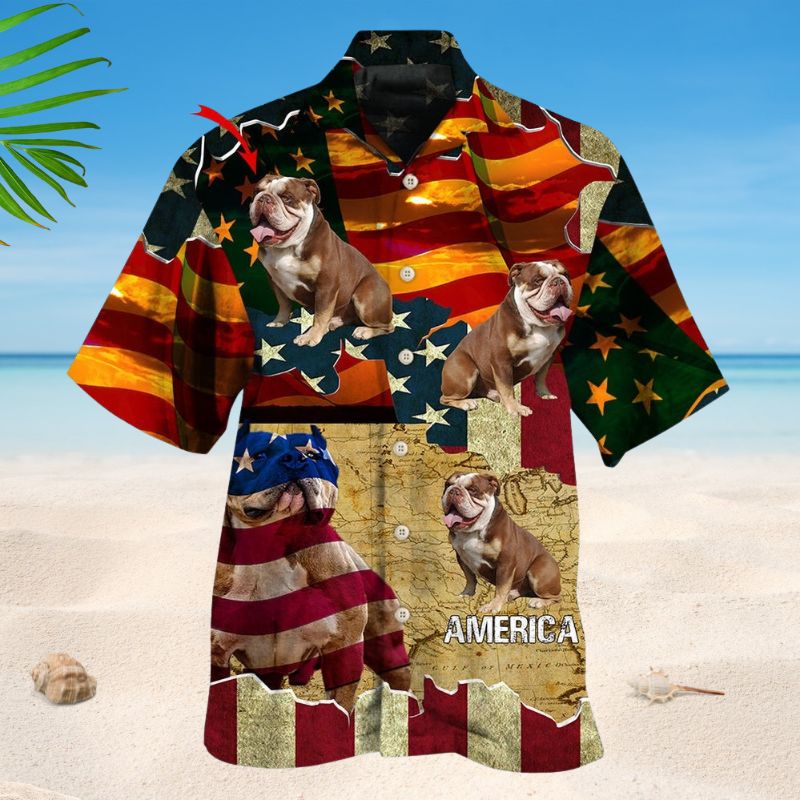 American English Bulldog Sunset Photo Hawaiian Shirt For Coastal Travel, Casual Events, And Comfortable Summer Wear