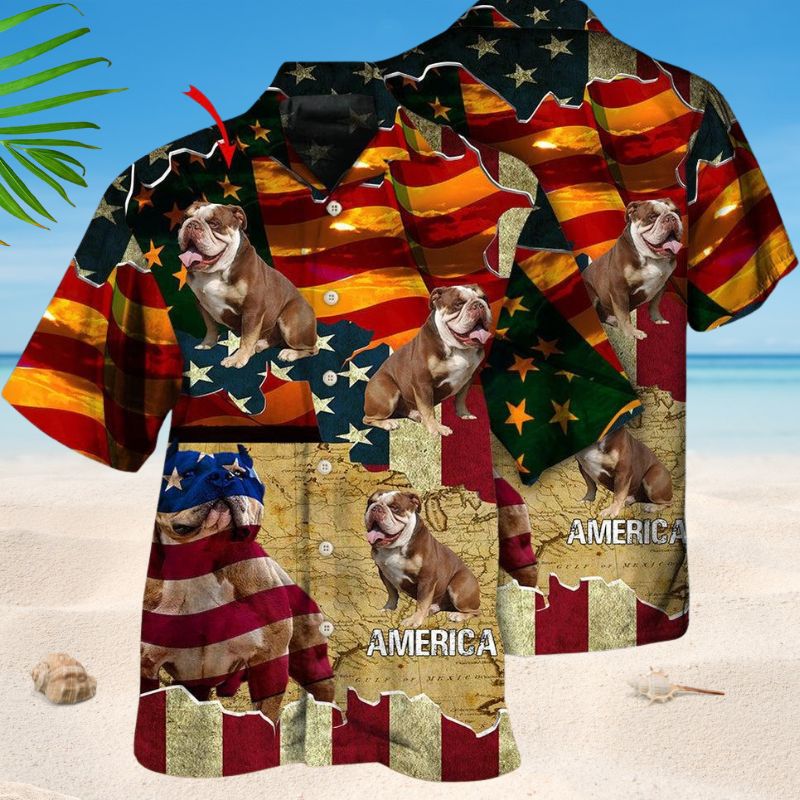American English Bulldog Sunset Photo Hawaiian Shirt For Coastal Travel, Casual Events, And Comfortable Summer Wear
